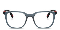 Shop Prada Linea Rossa Logo Signature Pillow Eyeglasses in Crystal Blue online.