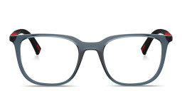 Shop Prada Linea Rossa Logo Signature Pillow Eyeglasses in Transparent Blue online.