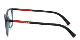 Shop Prada Linea Rossa Logo Signature Pillow Eyeglasses in Transparent Blue online.