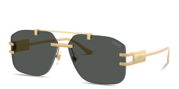 Shop VERSACE Damier Plaque Rimless Irregular Sunglasses in Gold online.