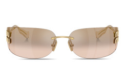 Shop MIU MIU Vertical Logo Rimless Wide Mask Sunglasses in Gold online.