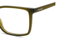 Shop Polaroid Logo Lettering Rectangle Eyeglasses in Transparent Olive online.
