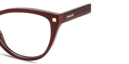 Shop Polaroid Logo Lettering Wide Cat-Eye Eyeglasses in Burgundy online.