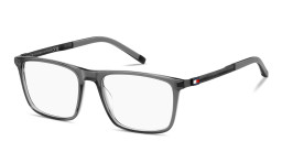 Shop Tommy Hilfiger Logo Wide Rectangle Eyeglasses in Transparent Grey online.