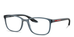 Shop Prada Linea Rossa Logo Signature Wide Pillow Eyeglasses in Transparent Blue online.