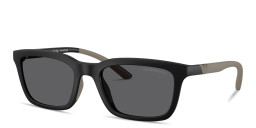 Shop Emporio Armani Embossed Eagle Logo Rectangle Sunglasses in Black online.