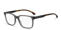 Shop Hugo Boss Logo Lettering Wide Rectangle Eyeglasses in Transparent Grey online.