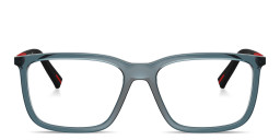 Shop Prada Linea Rossa Logo Signature Pillow Eyeglasses in Transparent Blue online.