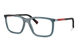 Shop Prada Linea Rossa Logo Signature Pillow Eyeglasses in Transparent Blue online.