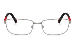 Shop Prada Linea Rossa Logo Lettering Wide Pillow Eyeglasses in Matte Gunmetal online.