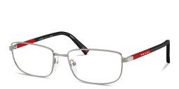 Shop Prada Linea Rossa Logo Lettering Wide Pillow Eyeglasses in Matte Gunmetal online.