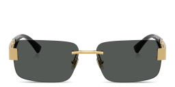Shop VERSACE Greca Rimless Rectangle Sunglasses in Gold/Dark Grey online.