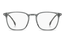 Shop Hugo Boss Engraved Logo Square Eyeglasses in Transparent Grey online.