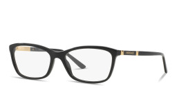 Shop VERSACE Logo Lettering Cat-Eye Eyeglasses in Black online.