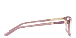 Shop VERSACE Logo Lettering Cat-Eye Eyeglasses in Transparent Purple online.