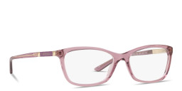 Shop VERSACE Logo Lettering Cat-Eye Eyeglasses in Transparent Purple online.