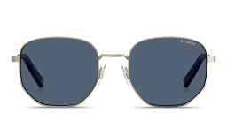 Shop Polaroid Logo Lettering Irregular Sunglasses in Gold online.