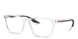 Shop Prada Linea Rossa Logo Lettering Wide Pillow Eyeglasses in Clear online.