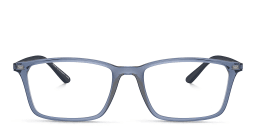 Shop Emporio Armani Logo Wide Rectangle Eyeglasses in Shiny Transparent Blue online.