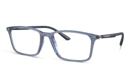 Shop Emporio Armani Logo Wide Rectangle Eyeglasses in Shiny Transparent Blue online.