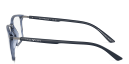 Shop Emporio Armani Logo Wide Rectangle Eyeglasses in Shiny Transparent Blue online.