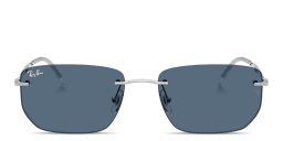 Shop Ray-Ban Logo Signature Unisex Rimless Irregular Sunglasses in Silver/Dark Blue online.