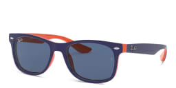 Shop Ray-Ban Junior New Wayfarer Kids Square Sunglasses in Blue On Orange online.